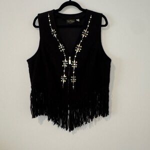 Bob Mackie Wearable Art Black Studded Fringe Vest XL Western Y2K Festival